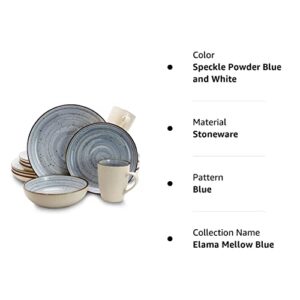 Elama Round Stoneware Luxurious Mellow Dinnerware Dish Set, 16 Piece, Speckle Powder Blue and White