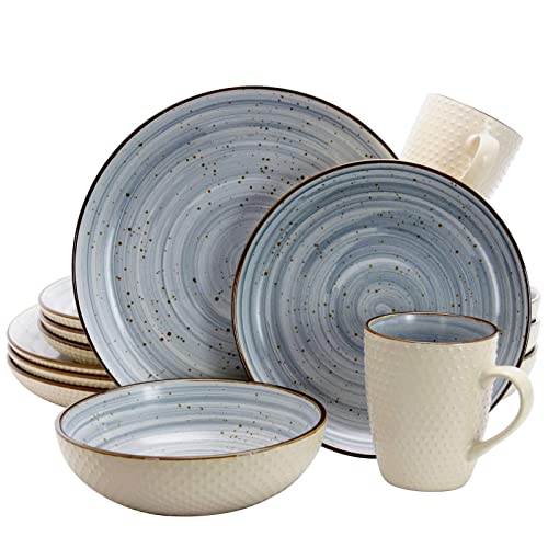 Elama Round Stoneware Luxurious Mellow Dinnerware Dish Set, 16 Piece, Speckle Powder Blue and White