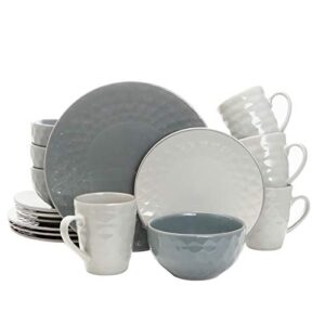 elama round tahitian stoneware pearl collection dinnerware dish set, 16 piece, slate and stone gray