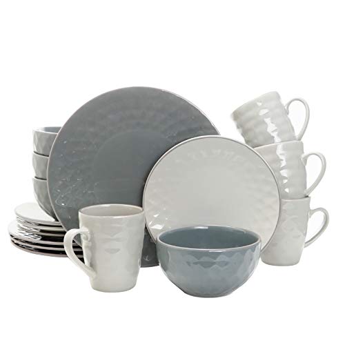 Elama Round Tahitian Stoneware Pearl Collection Dinnerware Dish Set, 16 Piece, Slate and Stone Gray