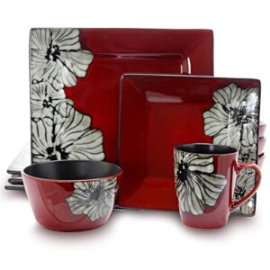 elama stoneware dinnerware collection, 16 piece, red with white flower accents