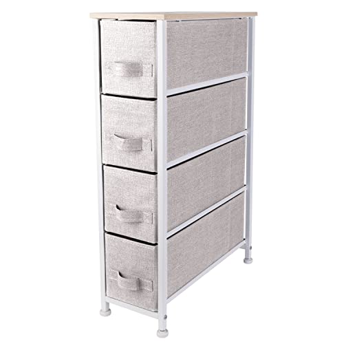 Simplify 4 Tier Slim Vertical Storage Chest | Nightstand | Fabric Drawers | Sturdy Steel Frame | Organizer | Bedroom | Closet | Easy to Assemble | Beige