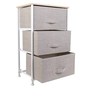 simplify 3 tier vertical storage chest | dresser | nightstand | fabric drawers | sturdy steel frame | organizer | bedroom | closet | easy to assemble | beige