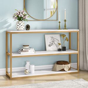 tribesigns 3-tier console table, gold sofa entry table with faux marble top and metal frame for home, entryway, hallway