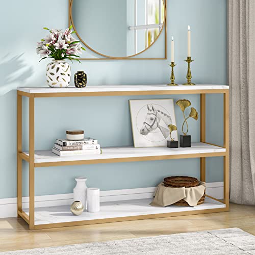 Tribesigns 3-Tier Console Table, Gold Sofa Entry Table with Faux Marble Top and Metal Frame for Home, Entryway, Hallway