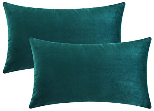 Mixhug Set of 2 Cozy Velvet Rectangle Decorative Throw Pillow Covers for Couch and Bed, Teal, 12 x 20 Inches