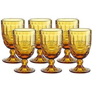 whole houseware | colored amber drinking glasses | amber glassware |pressed pattern wine amber glass goblet with stem for wedding | set of 6 | 8.7 ounce (amber)