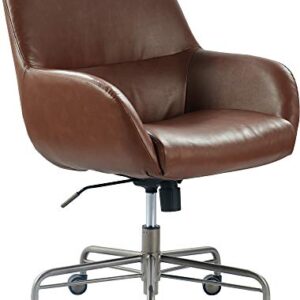 Tommy Hilfiger Forester Luxury Bonded Leather Home Office Chair, Modern Round Swivel Accent Seating, Adjustable Height, Cognac Brown