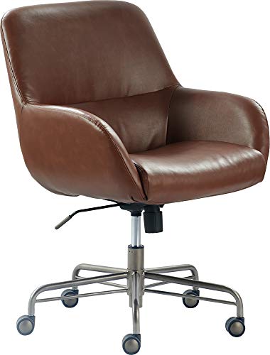 Tommy Hilfiger Forester Luxury Bonded Leather Home Office Chair, Modern Round Swivel Accent Seating, Adjustable Height, Cognac Brown