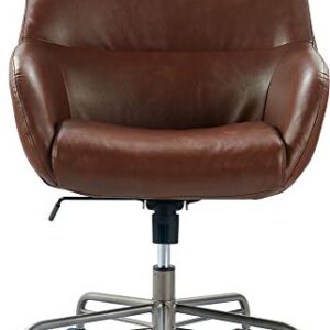 Tommy Hilfiger Forester Luxury Bonded Leather Home Office Chair, Modern Round Swivel Accent Seating, Adjustable Height, Cognac Brown