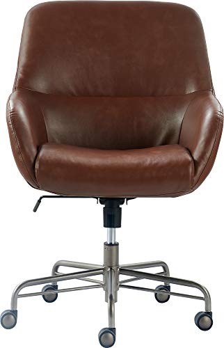 Tommy Hilfiger Forester Luxury Bonded Leather Home Office Chair, Modern Round Swivel Accent Seating, Adjustable Height, Cognac Brown