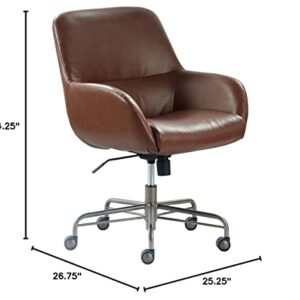 Tommy Hilfiger Forester Luxury Bonded Leather Home Office Chair, Modern Round Swivel Accent Seating, Adjustable Height, Cognac Brown