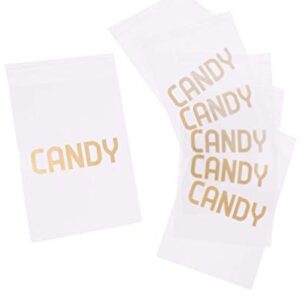 Sweet Details Party Co. Cellophane 'Candy' Bags (100 Pack) Gold & Clear Goodie Bags for Candy Bar & Buffet Gifts- Wedding/Birthday Party Favor Bags- Self-Sealing & Resealable Adhesive - NO Ties!