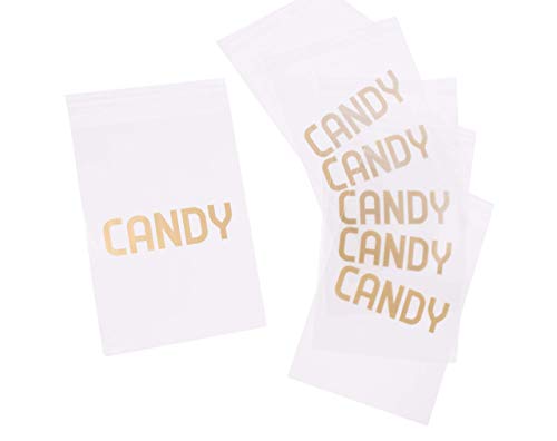 Sweet Details Party Co. Cellophane 'Candy' Bags (100 Pack) Gold & Clear Goodie Bags for Candy Bar & Buffet Gifts- Wedding/Birthday Party Favor Bags- Self-Sealing & Resealable Adhesive - NO Ties!