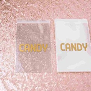 Sweet Details Party Co. Cellophane 'Candy' Bags (100 Pack) Gold & Clear Goodie Bags for Candy Bar & Buffet Gifts- Wedding/Birthday Party Favor Bags- Self-Sealing & Resealable Adhesive - NO Ties!