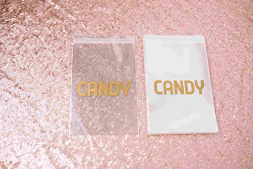 Sweet Details Party Co. Cellophane 'Candy' Bags (100 Pack) Gold & Clear Goodie Bags for Candy Bar & Buffet Gifts- Wedding/Birthday Party Favor Bags- Self-Sealing & Resealable Adhesive - NO Ties!