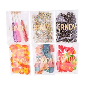 Sweet Details Party Co. Cellophane 'Candy' Bags (100 Pack) Gold & Clear Goodie Bags for Candy Bar & Buffet Gifts- Wedding/Birthday Party Favor Bags- Self-Sealing & Resealable Adhesive - NO Ties!