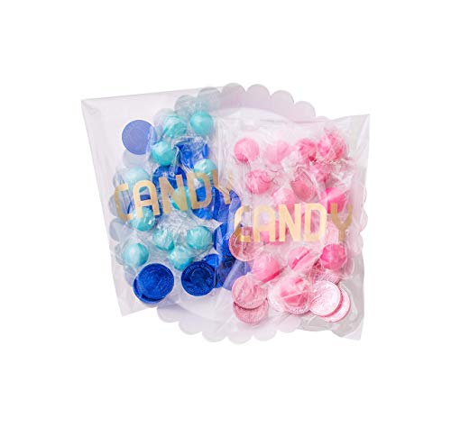 Sweet Details Party Co. Cellophane 'Candy' Bags (100 Pack) Gold & Clear Goodie Bags for Candy Bar & Buffet Gifts- Wedding/Birthday Party Favor Bags- Self-Sealing & Resealable Adhesive - NO Ties!