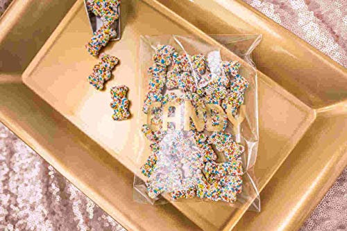 Sweet Details Party Co. Cellophane 'Candy' Bags (100 Pack) Gold & Clear Goodie Bags for Candy Bar & Buffet Gifts- Wedding/Birthday Party Favor Bags- Self-Sealing & Resealable Adhesive - NO Ties!