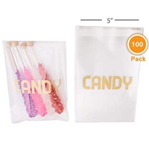 Sweet Details Party Co. Cellophane 'Candy' Bags (100 Pack) Gold & Clear Goodie Bags for Candy Bar & Buffet Gifts- Wedding/Birthday Party Favor Bags- Self-Sealing & Resealable Adhesive - NO Ties!