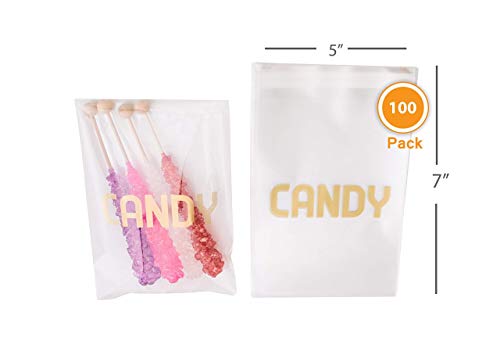 Sweet Details Party Co. Cellophane 'Candy' Bags (100 Pack) Gold & Clear Goodie Bags for Candy Bar & Buffet Gifts- Wedding/Birthday Party Favor Bags- Self-Sealing & Resealable Adhesive - NO Ties!