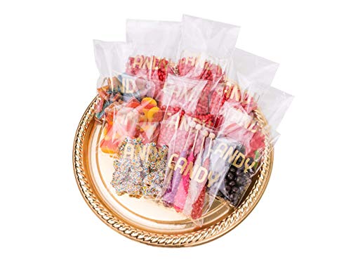 Sweet Details Party Co. Cellophane 'Candy' Bags (100 Pack) Gold & Clear Goodie Bags for Candy Bar & Buffet Gifts- Wedding/Birthday Party Favor Bags- Self-Sealing & Resealable Adhesive - NO Ties!