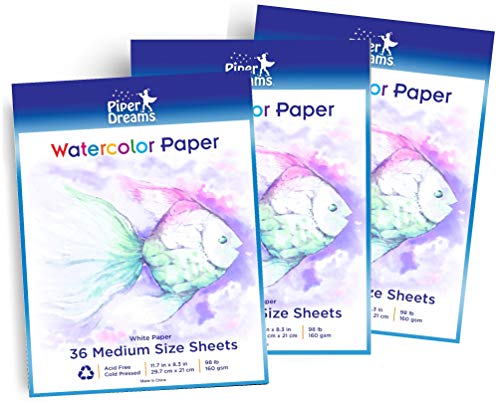 3 Pack - Total of 108 Sheets of Watercolor Paper (11.7" x 8.3") - Heavy Stock (98lb), Loose White Sheets. Perfect for Kids, Students & Adults