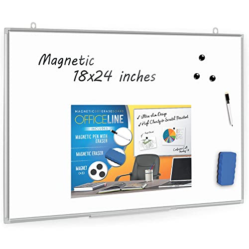 Officeline Ultra-Slim, Lightweight Magnetic Dry Erase Board & Accessories (Includes Whiteboard Pen & Pen Tray, 3 x Magnets & Eraser) (18 x 24 Inch)