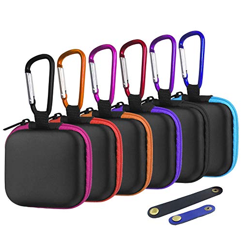 6 Pcs Square Portable Earbuds Case with Carabiners & 2 Headphone Cable Clip, SENHAI Mini Hard EVA Carrying Case Storage Bag for Earphone Earbuds Bluetooth Headset U Disk - 6 Colors