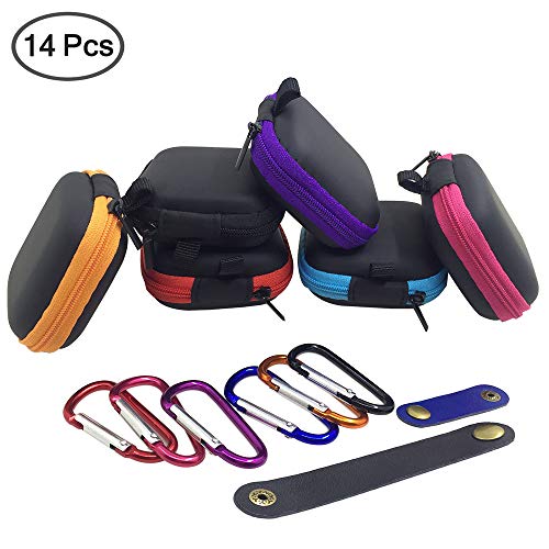 6 Pcs Square Portable Earbuds Case with Carabiners & 2 Headphone Cable Clip, SENHAI Mini Hard EVA Carrying Case Storage Bag for Earphone Earbuds Bluetooth Headset U Disk - 6 Colors