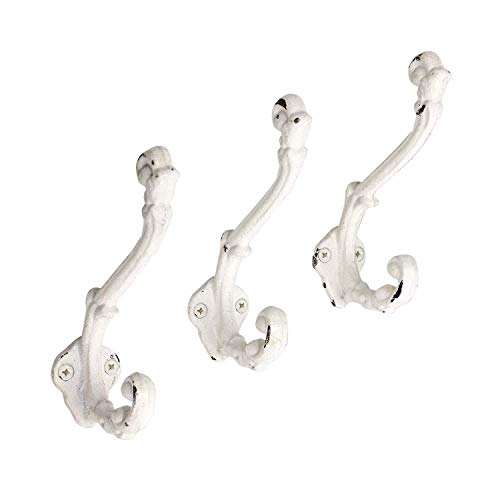 The Metal Magician Wall Mounted Antique Cast Iron Vintage Style Wall Hooks for Coats, Bags, Towels, Hats - (Set of 3) Distressed White