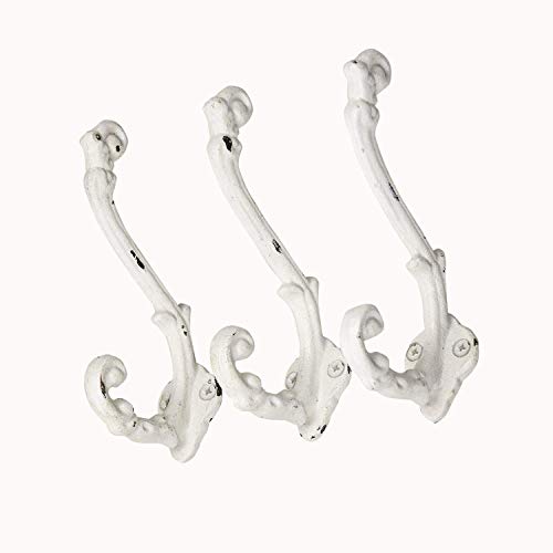 The Metal Magician Wall Mounted Antique Cast Iron Vintage Style Wall Hooks for Coats, Bags, Towels, Hats - (Set of 3) Distressed White