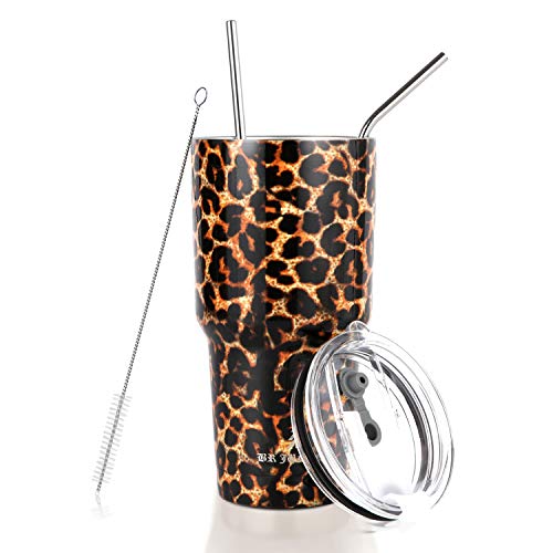 30 oz. Tumbler Double Wall Stainless Steel Vacuum Insulation Travel Mug with Crystal Clear Lid and Straw, Water Coffee Cup for Home,Office,School, Ice Drink, Hot Beverage,Leopard