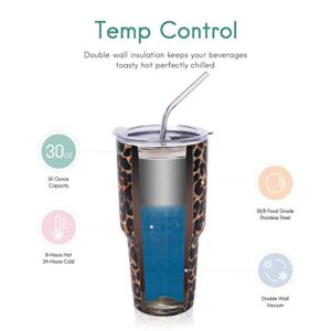 30 oz. Tumbler Double Wall Stainless Steel Vacuum Insulation Travel Mug with Crystal Clear Lid and Straw, Water Coffee Cup for Home,Office,School, Ice Drink, Hot Beverage,Leopard