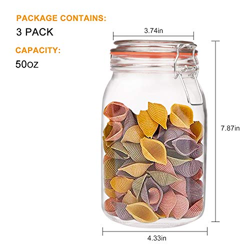 Encheng 50 oz Glass Jars With Airtight Lids And Leak Proof Rubber Gasket,Large Wide Mouth Mason Jars With Hinged Lids For Kitchen Canisters 1500ml,Big Glass Storage Containers,Gallon Jars 3 Pack