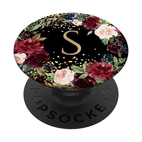 Initial Letter S Black Burgundy Red Floral Wreath Monogram PopSockets PopGrip: Swappable Grip for Phones & Tablets