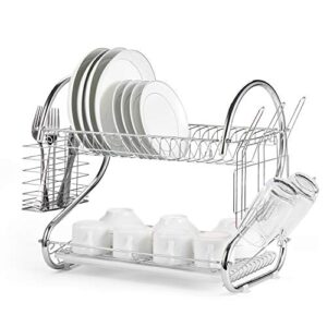 glotoch 2-tier full sized dish drying rack with utensil holder and cup holder with dish water drain board tray rustproof chrome plating 16.5 x 10 x 15 inches storage space saving kitchen organizer