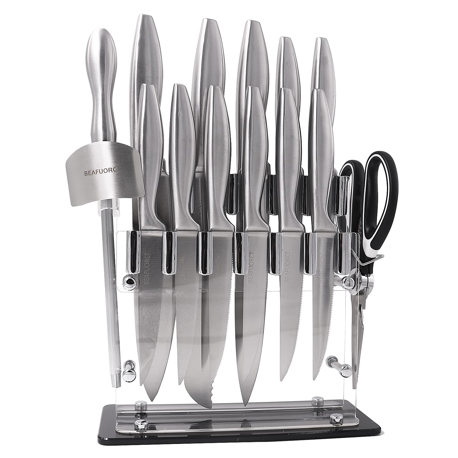 BEAFUORCT Block Knife Sets Stainless Steel With Sharpening 15 piece Acrylic Stand Steak Knives Set Professional Chef Knife and Scissors for Kitchen