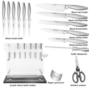 BEAFUORCT Block Knife Sets Stainless Steel With Sharpening 15 piece Acrylic Stand Steak Knives Set Professional Chef Knife and Scissors for Kitchen