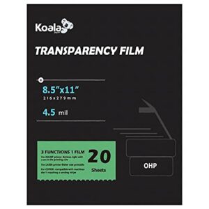 koala transparency film for inkjet/laser jet printers - 8.5 x 11 inch 20 sheets printable transparency paper for ohp film overhead projector film or craft projects