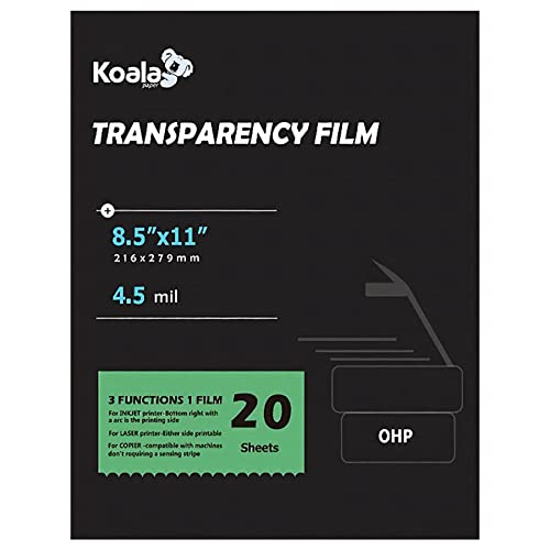 KOALA Transparency Film for Inkjet/Laser Jet Printers - 8.5 x 11 Inch 20 Sheets Printable Transparency Paper for OHP Film Overhead Projector Film or Craft Projects