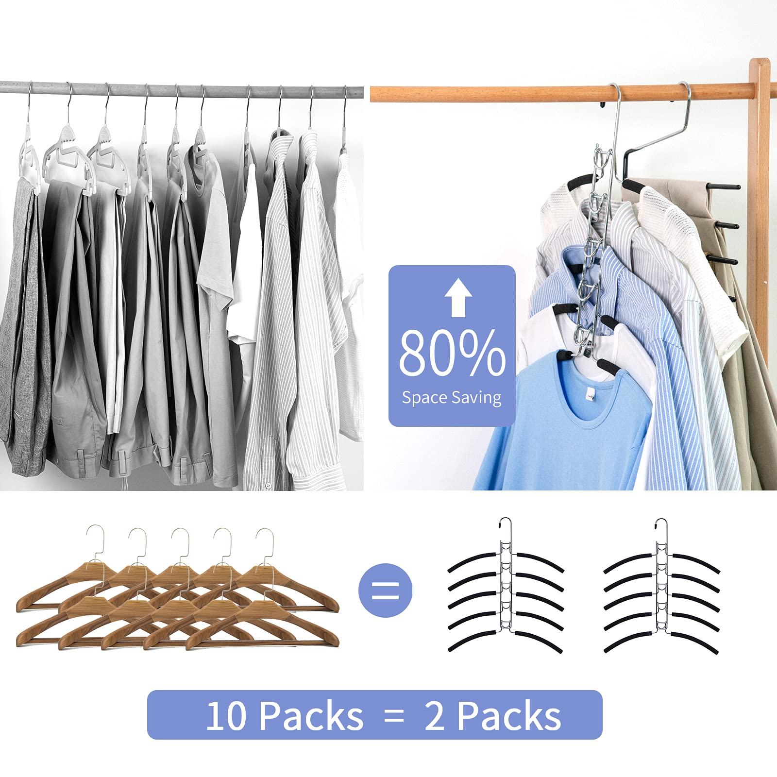 Nature Smile 2 Pack 5 in 1 Anti Slip Metal Sweater Coat Hangers,Multi Layers Wardrobe Clothes Rack,Heavy Duty Metal Space Saver Shirt Blouse Hanger Closet Storage Organizer