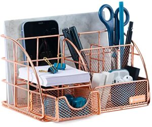 rosework rose gold desk organizer for women, mesh office supplies desk accessories, features 5 compartments + 1 mini sliding drawer