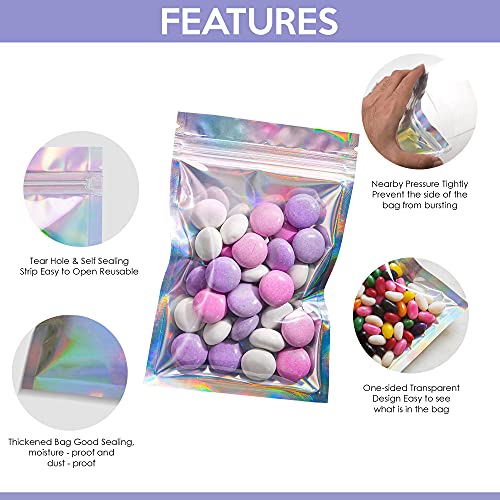 SPACE SEAL 100 Pieces Ziplock Resealable Holographic Bags - 4x6 Inches Smell Proof for Packaging, Aluminium Foil Bags with Rainbow Color Pouch