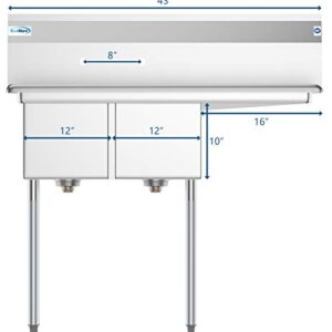 KoolMore - SB121610-16R3 2 Compartment Stainless Steel NSF Commercial Kitchen Prep & Utility Sink with Drainboard - Bowl Size 12" x 16" x 10", Silver