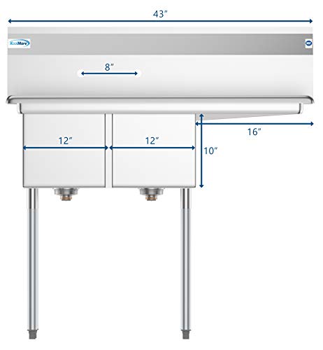 KoolMore - SB121610-16R3 2 Compartment Stainless Steel NSF Commercial Kitchen Prep & Utility Sink with Drainboard - Bowl Size 12" x 16" x 10", Silver