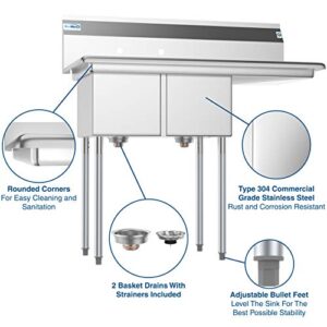 KoolMore - SB121610-16R3 2 Compartment Stainless Steel NSF Commercial Kitchen Prep & Utility Sink with Drainboard - Bowl Size 12" x 16" x 10", Silver