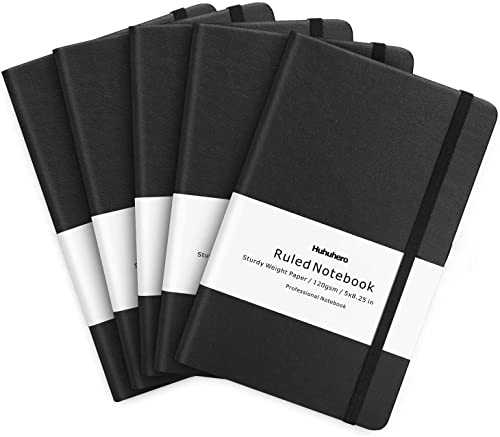 Huhuhero Journal Notebooks, College Ruled Notebook, Premium Thick Paper Lined Journal, Black Hardcover Notebook for Office Home School Business Writing Note Taking Journaling, College School Supplies 5"×8.25" (5, Black)