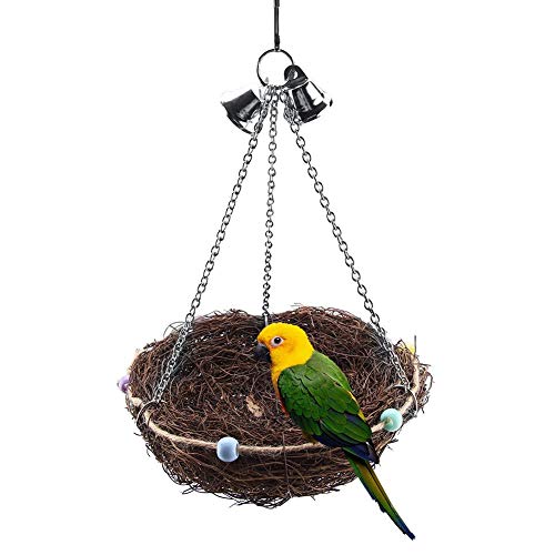 Birds Nest, 2 Sizes Rattan Birds Parrot Straw Nest Swing Hanging Toy with Bells Toys(27 * 20cm)