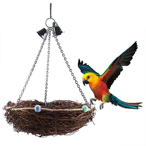 Birds Nest, 2 Sizes Rattan Birds Parrot Straw Nest Swing Hanging Toy with Bells Toys(27 * 20cm)